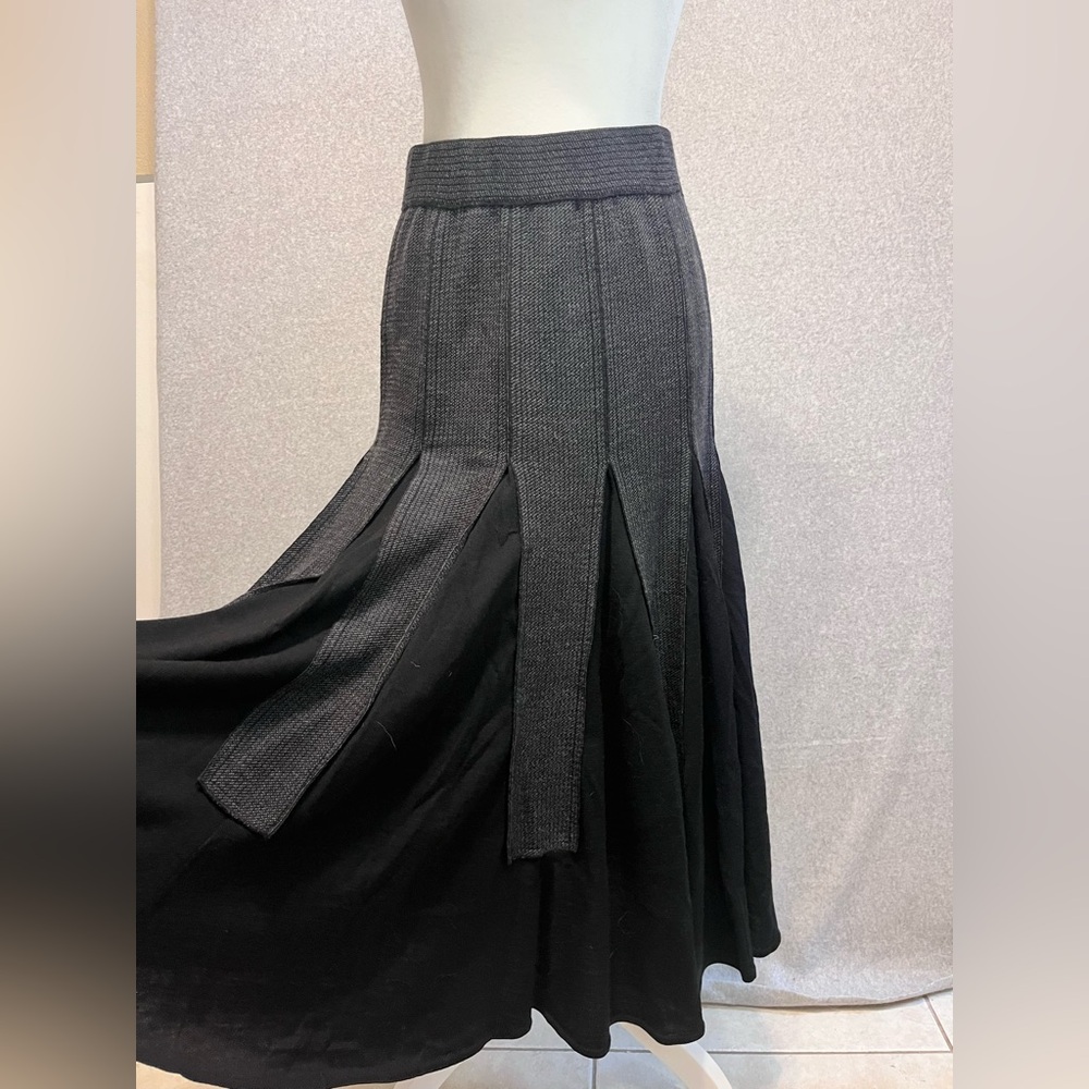 Fusun Merino Wool Skirt Women’s S Art to Wear A-line Black Gray Panel Midi Ankle